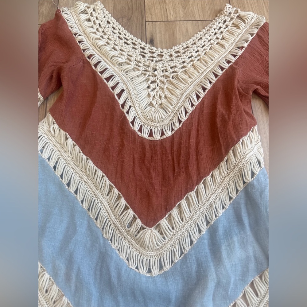Beautiful Sz S Boho Hippie Crochet Gauzy Striped V-Neck Long Sleeve Top Coverup - Picture 5 of 10